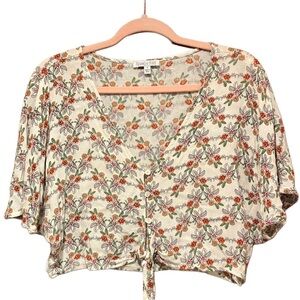 Patrons of Peace Cream Floral Flutter Sleeve Crop Blouse